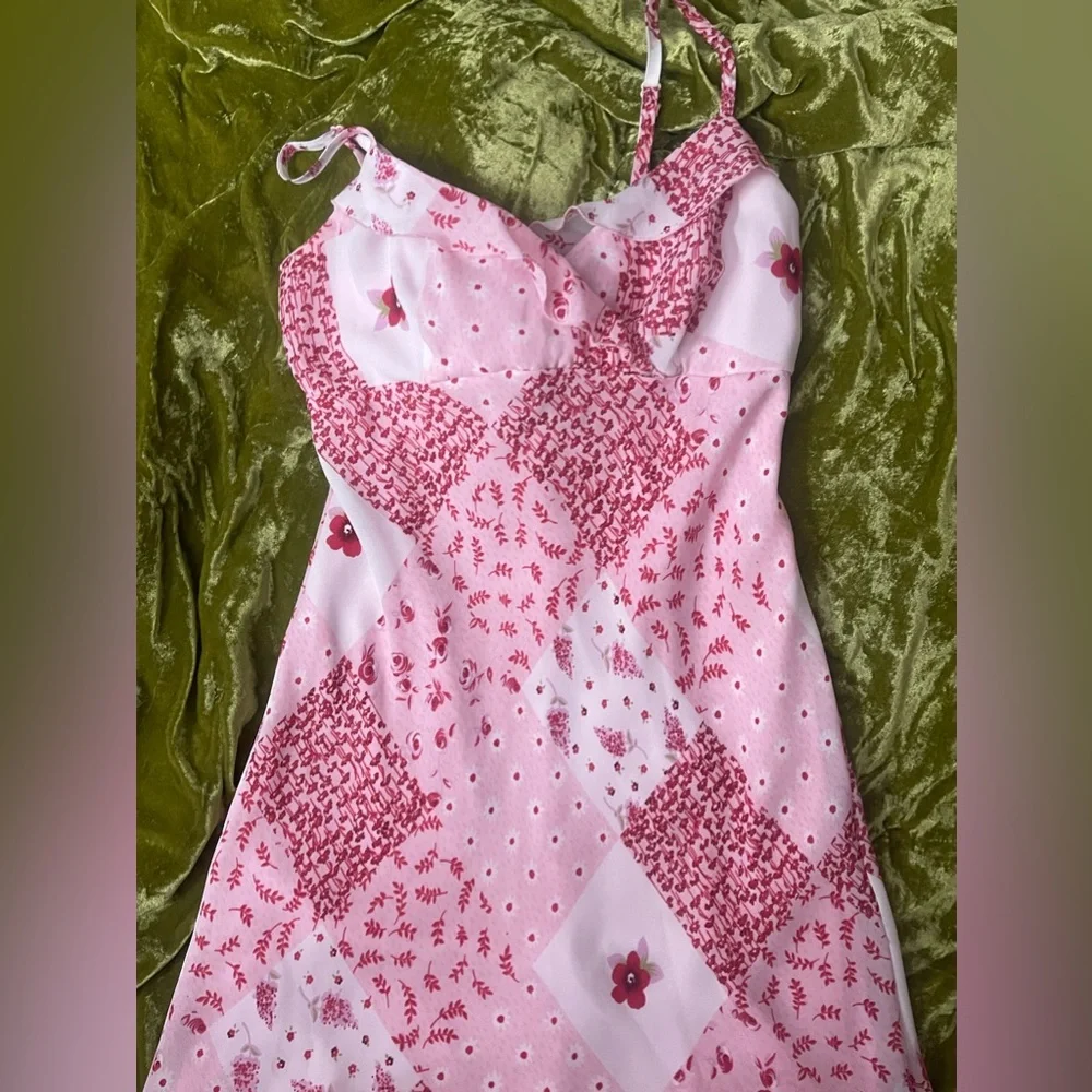 Vintage pink summer cottagecore flower floral plants sleeves white ruffles dress - Picture 5 of 8